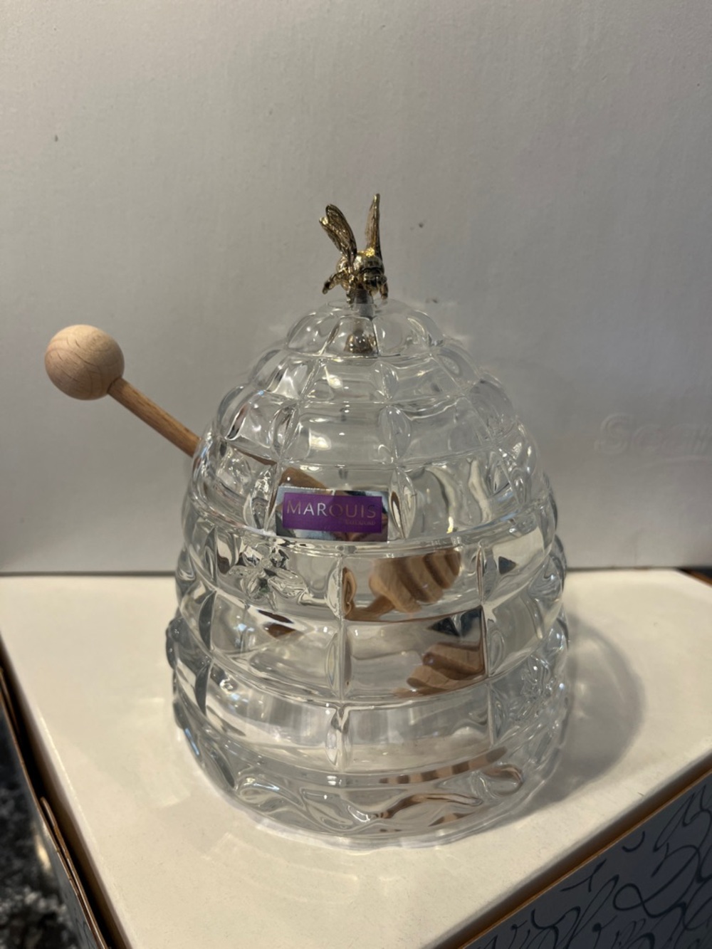 Marquis Clear Glass Honey Jar with Gold Bee Accent and Wood Dipper - Clear